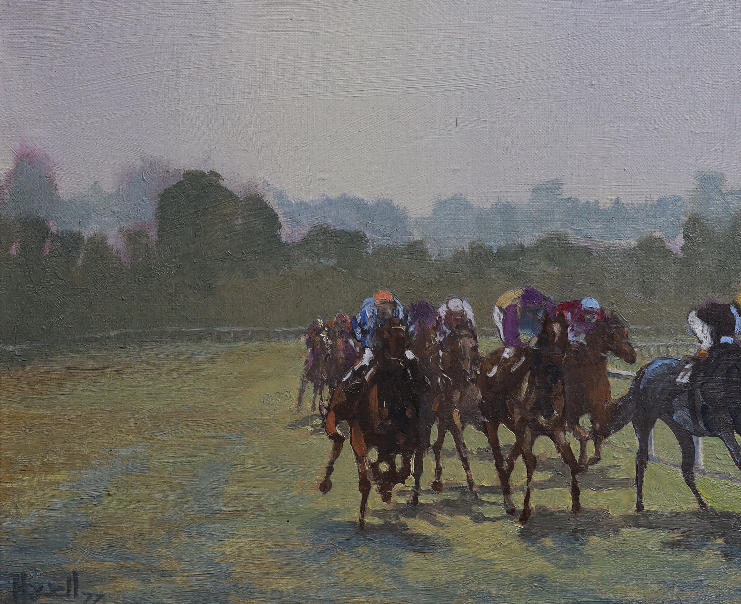 Peter Howell (b.1932), Racing scene, oil on canvas, 24 x 29cm